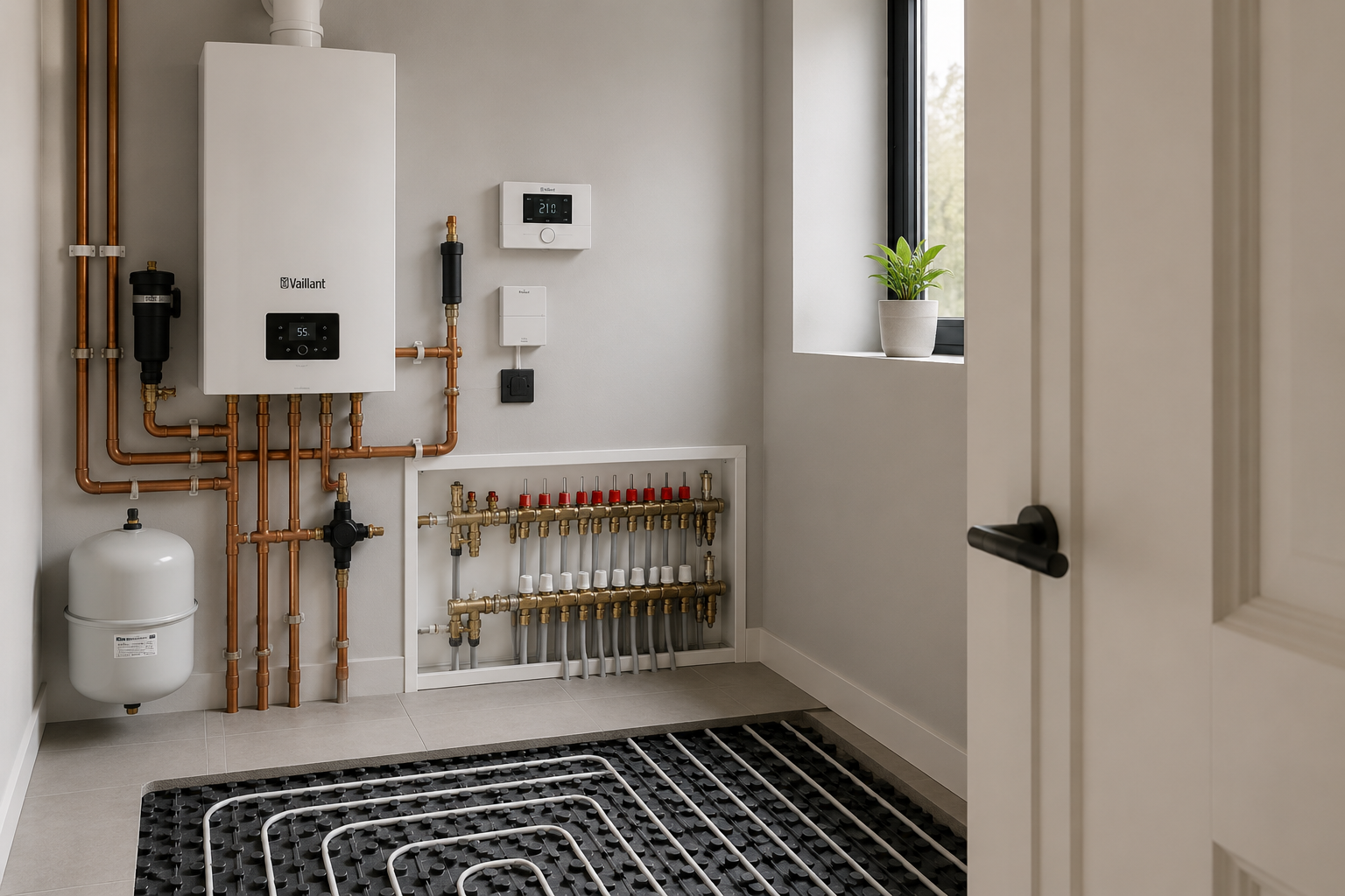 Modern gas boiler installation with underfloor heating manifold and copper pipework in a clean utility room