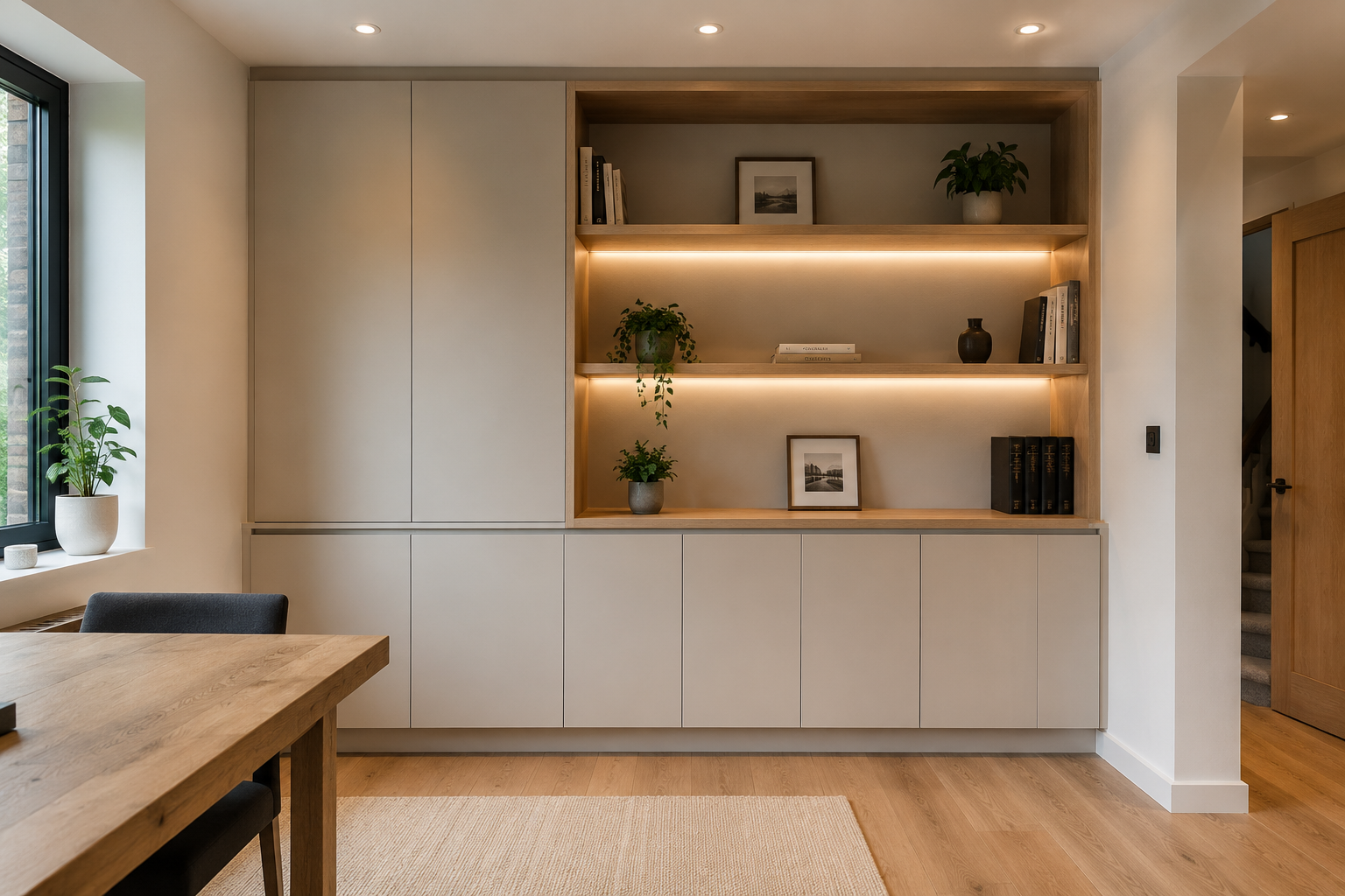 Bespoke fitted cabinetry with integrated shelving and soft LED lighting in a modern Surrey home