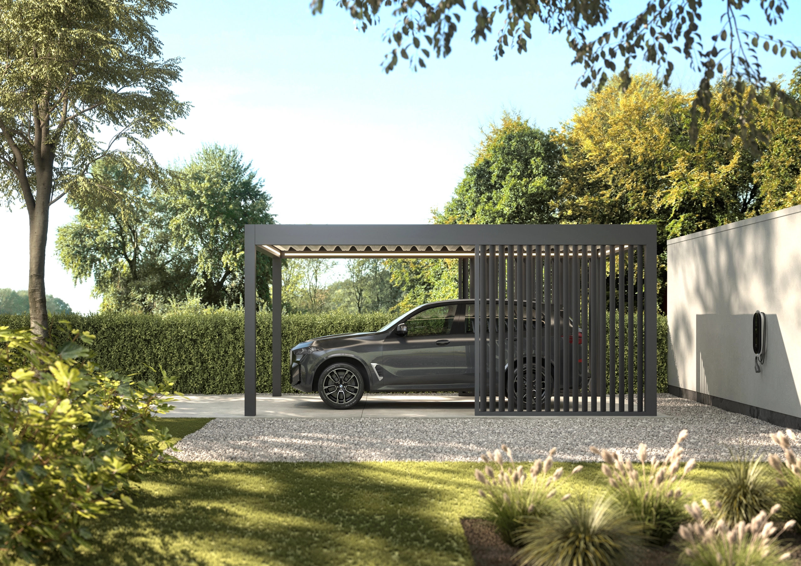 Modern aluminium carport installation protecting a vehicle in a landscaped driveway