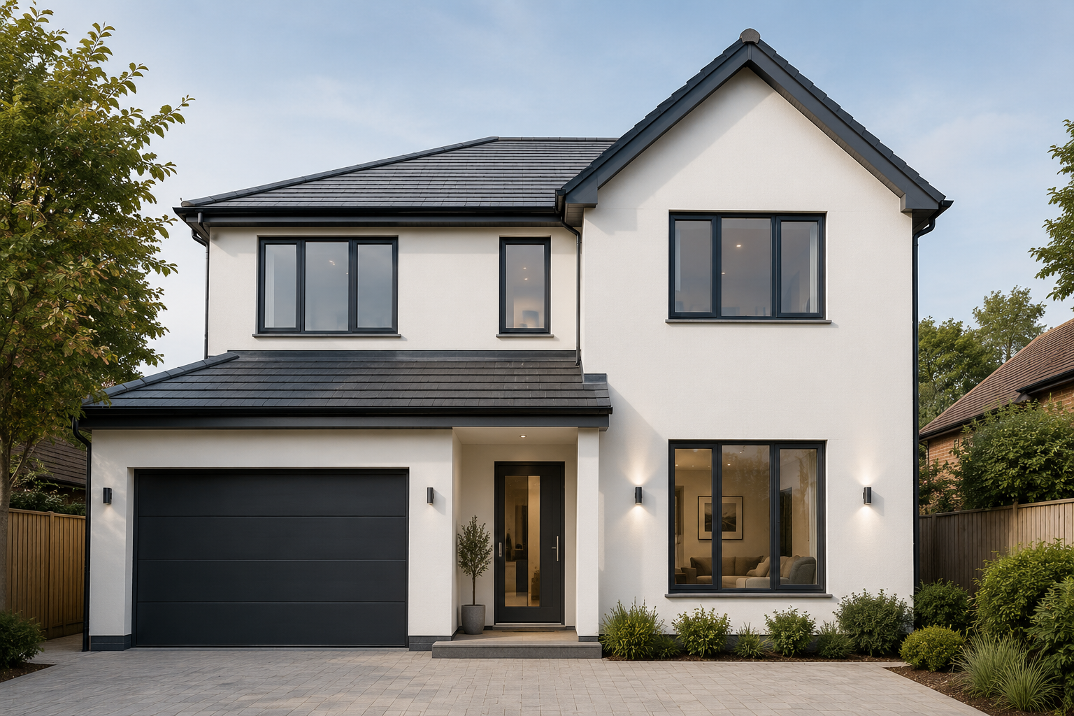 Freshly painted modern house exterior with clean white render and dark window frames in Surrey
