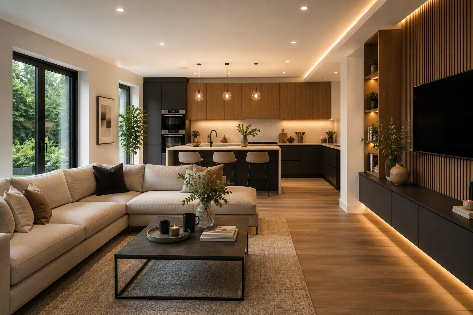Modern open-plan living room and kitchen renovation with bespoke lighting, cabinetry and high-end finishes in Surrey