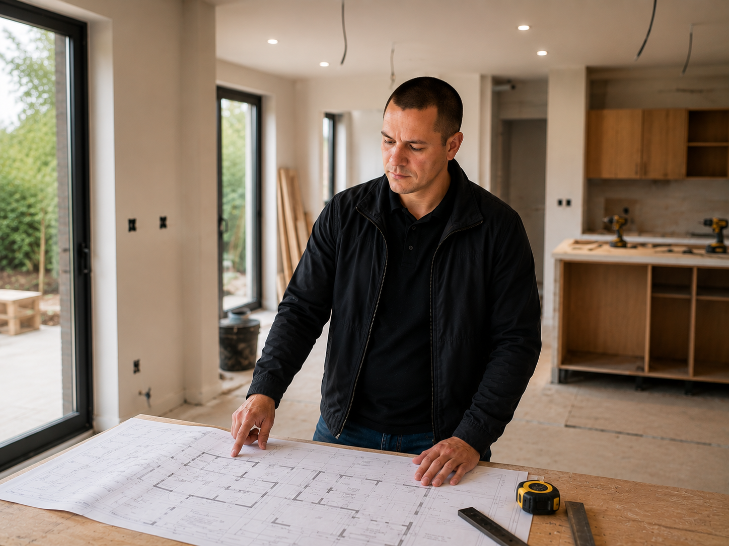Project manager reviewing architectural plans on a home renovation site in Surrey