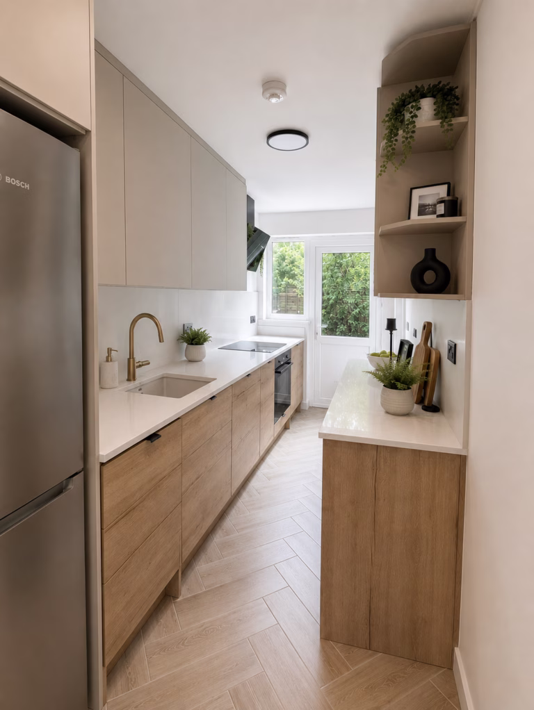 Kitchen before refurbishment in Guildford flat showing original kitchen units, laminate worktops, dated finishes, and old flooring prior to complete renovation.